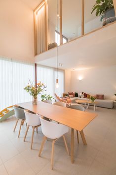 a dining room table and chairs in front of a large window