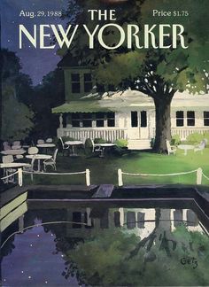 an advertisement for the new yorker magazine, featuring tables and chairs in front of a house