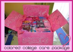 the college care package is pink and has writing on it