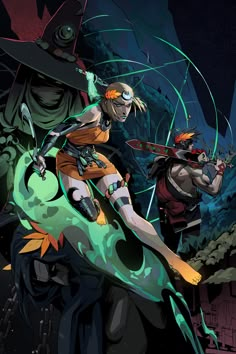 two anime characters riding on the back of a green and orange motorcycle in front of a mountain