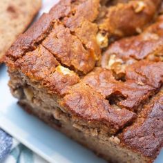 a loaf of banana bread sitting on top of a white plate