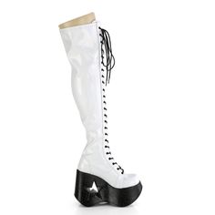 5" Star Cutout Platform Wedge Lace-Up Thigh-High Boot, Outside Zipper - Fit Guide: True to Size - Heel Height: 5" Platform - Brand: Demonia - Shown in Women's Sizes - Country of Origin: Imported Lace Up Thigh High Boots, Boots With, Stretch Thigh High Boots, Demonia Boots, White Holographic, Black Platform Wedges, Gothic Lace, Open Toed Shoes, Punk Boots