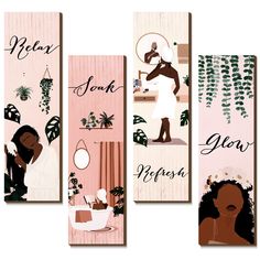 four wooden bookmarks with black women and plants on them, each featuring different words