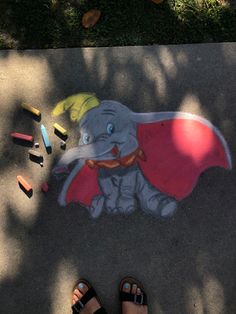 someone is standing in front of a chalk drawing of an elephant