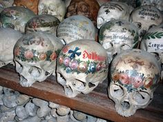 several skulls with flowers painted on them sitting on a shelf in a room full of skulls