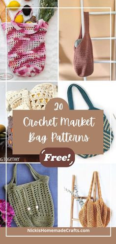 crochet market bag patterns with text overlay that reads 20 crochet market bag patterns free