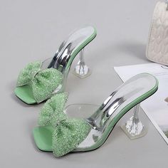 Green High Heel Sandals For Party, Green Pointed Toe Sandals For Party, Green High Heel Party Sandals, Green Pointed Toe Party Sandals, Green Rhinestone Open Toe Heels, Sparkling Synthetic Heels For Summer, Summer Sparkling Synthetic Heels, Green High Heel Sandals With Rhinestones, Green Open Toe Heels For Party