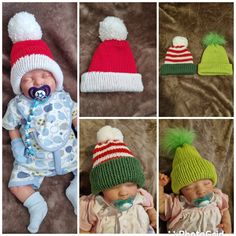 four pictures of babies wearing knitted hats and scarves with pacifier in mouth