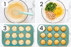 four pictures showing how to make muffins with cheese and other ingredients in them