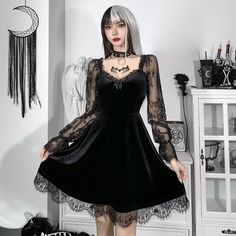 Material: PolyesterSize Chart CM Size Bust Waist Sleeve Length Length S 73-88 60-70 66 72 M 77-92 64-74 67 74 L 81-96 68-78 68 76 Vintage Gothic Dress, Unique Clothing Stores, Flowy Mini Dress, Dark Style, Flare Long Sleeve, Vintage Gothic, Vestidos Vintage, Gothic Dress, Ruffle Mini Dress