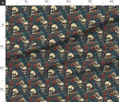 skulls and flowers on a blue background with red, orange, and yellow flowers in the middle