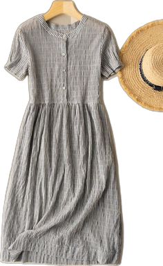 Casual Gray Buttoned Dress, Casual Gray Dresses With Buttons, Casual Gray Dress With Buttons, Button Dress, Stripe Print, Grey