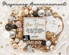 a baby announcement with teddy bears and other items