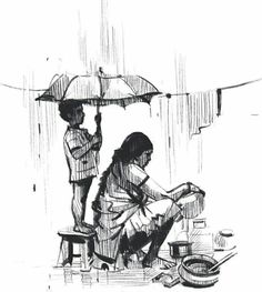 a black and white drawing of two people under an umbrella in the rain, one sitting on a bench