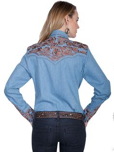 Scully Brand Pearl Snap Button Up Blouse Spread Collar Long Sleeves Two Faux Pockets On Chest Western Yokes Floral Embroidery Pearl Snap Front & Cuffs Denim Blue Chocolate Brown Embroidery 100% Cotton Thinner Chambray Denim Feel Fitted & Runs A Lil Small ~ Size Up If In Between Sizes Style PL-654BLU This Item Is Shipped To You From Our Manufacturer. Please allow 7-10 business days to receive it. Women's Sizing Recommendations XS 00/0 Small 2/4 Medium 6/8 Large 10/12 XL 14/16 XXL 18/20 ***These a Mountain Rain, Brown Embroidery, Western Blouse, Western Denim Shirt, Rodeo Outfits, Reading Shirts, Button Up Blouse, Light Blue Denim, Western Shirts