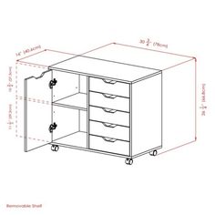 a drawing of a cabinet with three drawers and two doors on each side, measurements shown below