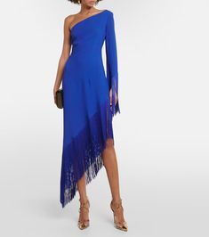 Aventador Fringed One Shoulder Midi Dress in Blue - Taller Marmo | Mytheresa Chic Fringe Midi Dress For Evening, Elegant Cocktail Midi Dress With Fringe, Blue One Shoulder Midi Dress For Party, Cocktail Midi Dress With Fringe, Fitted Midi Dress With Tassels For Evening, Fitted Evening Midi Dress With Tassels, Evening Midi Dress With Tassels, Chic Formal Dress With Tassels, Blue Fringe Dress For Cocktail