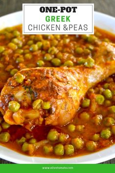 one pot chicken and peas recipe with text overlay