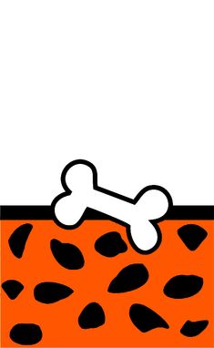 a dog bone on an orange and black spotty background with paw prints in the foreground