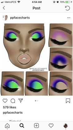 Step By Step Eyeshadow Looks, Colorful Eye Makeup Step By Step, Colorful Eyeshadow Looks Step By Step, Fun Makeup Ideas Easy, Purple And Green Eyeshadow Looks, Eyeshadow Pictorial, Makeup Chart, Step By Step Eyeshadow, Colorful Eye Makeup Tutorial