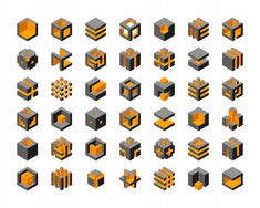 a set of pixel style orange and gray blocks, with different shapes on them for the background