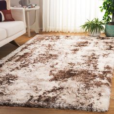 a white and brown rug in a living room