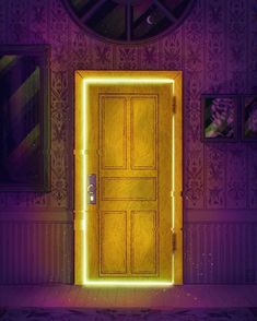 an open door in a room with purple walls