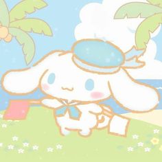 an image of a cartoon bunny with a hat and umbrella on the beach in front of palm trees