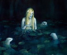 a painting of a woman sitting in the water surrounded by ducks and lily pads