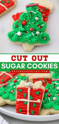 cut out sugar cookies decorated with icing and christmas tree decorations on a white plate