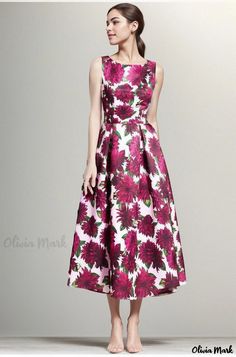 Olivia Mark - Vintage Sleeveless Round-necked Tailored A-line Dress with Waist Cinching Design - Elegant Maxi Dress Midi Dress Chic, A Line Maxi Dress, Princess Sleeves, Elegant Maxi Dress, Neck Bodycon Dress, Round Neck Dresses, Tea Length Dresses, Crewneck Dress, Floral Print Shorts