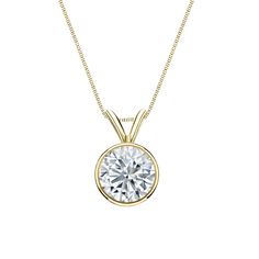 a necklace with a round cut diamond in the center, on a chain that is attached to