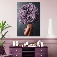 Lady Purple Peony Wall Art adds a wonderful touch of indie style to your home. This stunning canvas print showcases unique and bold art that is sure to make your walls more interesting. Purple And Gray Bedroom, Space Elephant, Peonies Artwork, Purple Bedroom Decor, Peony Illustration, Purple Office, Purple Wall Decor, Purple Peony, Purple Home Decor