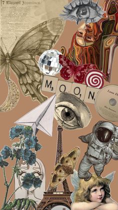 the collage has many different items on it, including an eye and other things