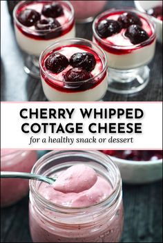 cherry whipped cottage cheese in small glass dishes