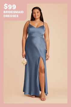 a woman in a blue dress with the words $ 99 bridesmaid dresses on it