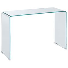 a clear glass desk that is sitting on a white surface