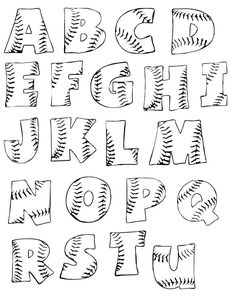 the alphabet is made up of baseballs and letters that are drawn in black ink