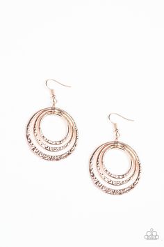 Featuring delicately hammered bottoms, a collection of shiny rose gold hoops gradually increase in size as they dangle from the ear for a casual shine. Earring attaches to a standard fishhook fitting.

 Sold as one pair of earrings. Triple Hoop Earrings, Beaded Wraps, White Rhinestone, Blue Gems, Silver Bars, Beaded Hoops, Paparazzi Accessories, Gold Hoops, Paparazzi Jewelry