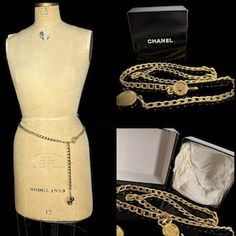 Vintage Chanel Spring 1994 gold tone, cc medallion chain belt Coco original box Gold Waist Chain Chanel, Luxury Gold Chain Belt, Luxury Elegant Gold-tone Chain Belt, Chanel Black Dress Gold Chain, Chanel Chain Belt Vintage, Gold Chain Belt, Chain Belts, Chanel Spring, Chain Belt