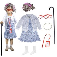 a doll with glasses, dress and headbands next to an old fashioned cane