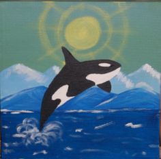 a painting of an orca jumping out of the water