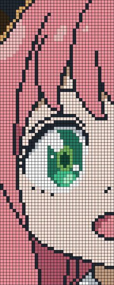 an image of a woman's face made out of pixellated squares with green eyes