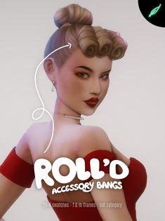 a woman in a red dress with her hands on her hips and the words roll'd accessory bangs