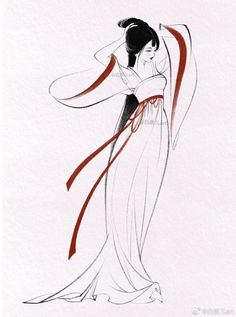 a drawing of a woman in a long white dress with red ribbon around her waist