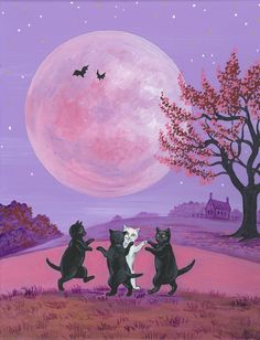 three black cats are dancing in front of a full moon