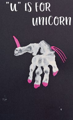 a handprint with the words u is for unicorn on it