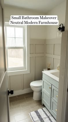 a white toilet sitting next to a window in a bathroom on top of a rug