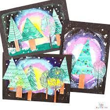 three cards with trees on them in the snow