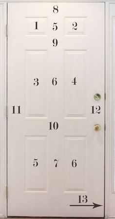 a white door with numbers on it and an arrow pointing to the left side that says 1, 2, 3, 4